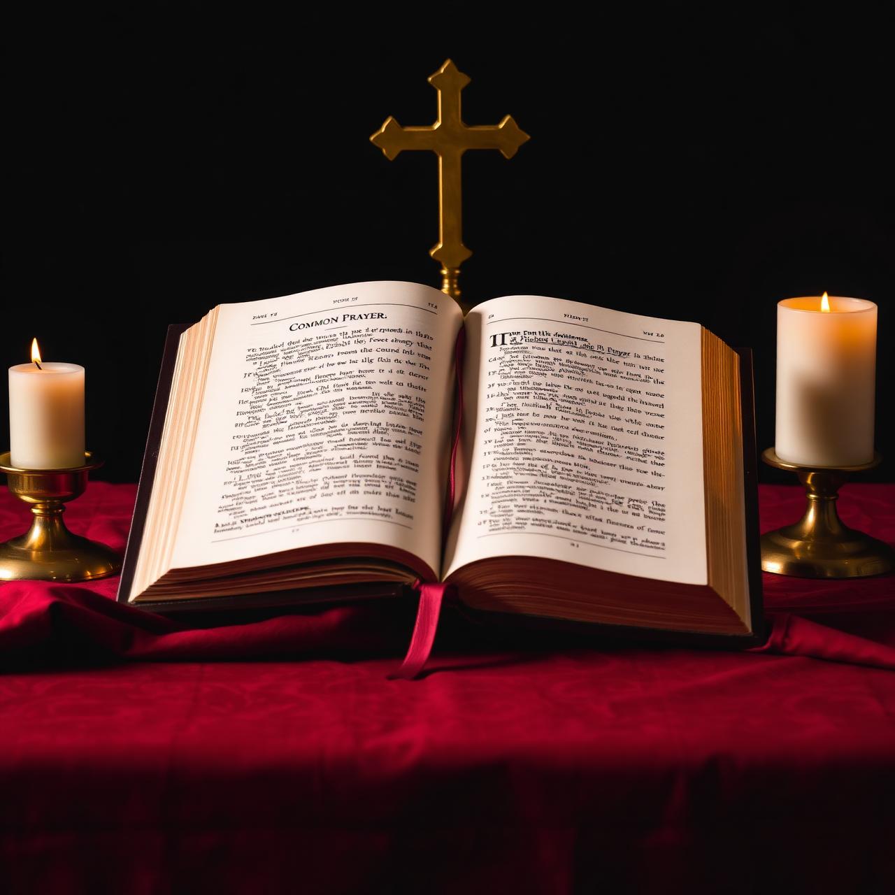 Open Book of Common Prayer with brass altar cross and candles