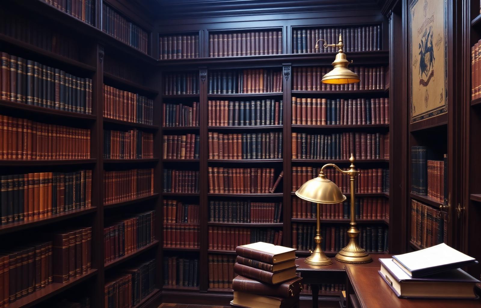 Antique theological library with leather-bound books and brass reading lamp